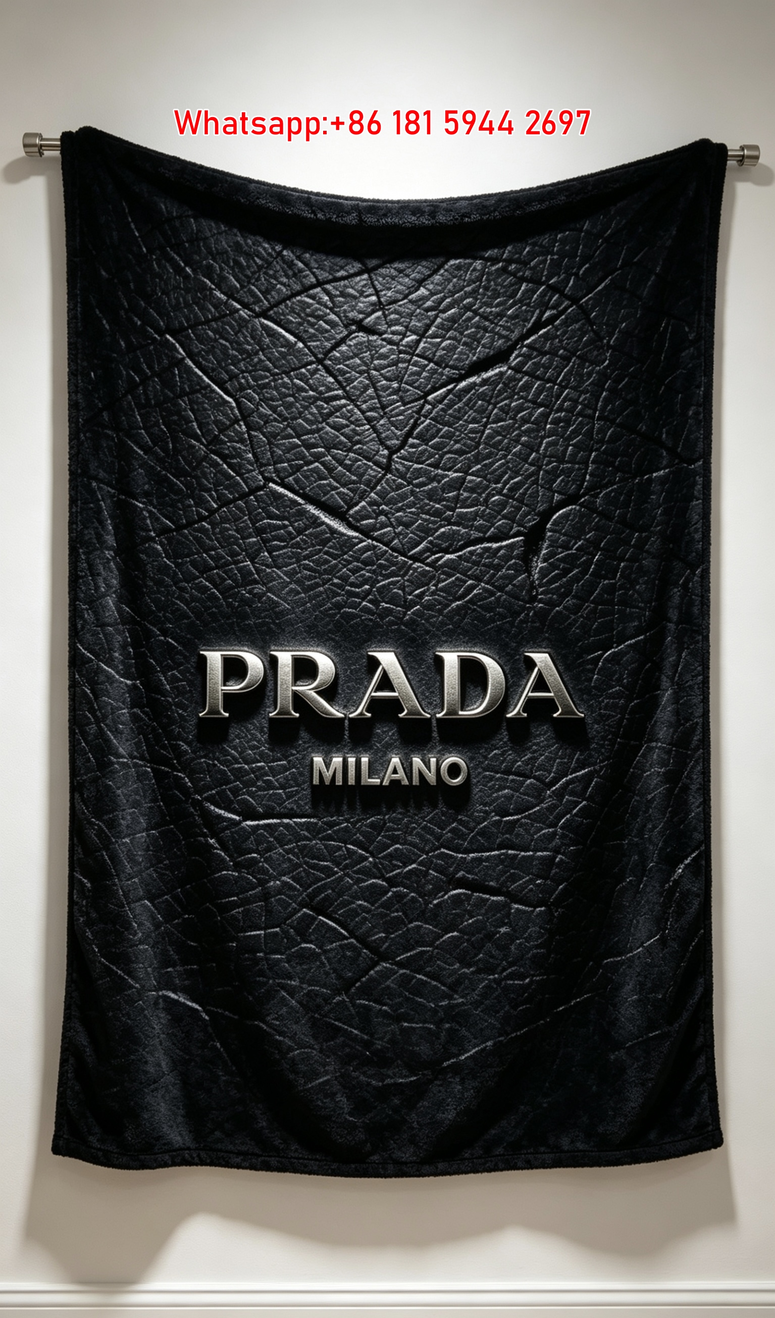Prada Black Crocodile Embossed Leather Texture Flannel Throw Blanket IMG_2774
